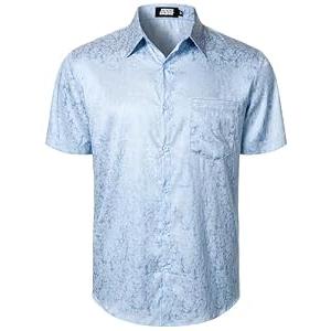 JOGAL Mens Jacquard Shiny Satin Shirts Short Sleeve Regular Fit Casual Button Down Shirt Summer Beach Shirts with Pocket Light Blue, L