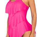 Century Star Womens Retro Flounce Athletic One Piece Swimsuits Ruffled Tiered Tummy Control Swimwear Plus Bathing Suits Hot Pink 14-16