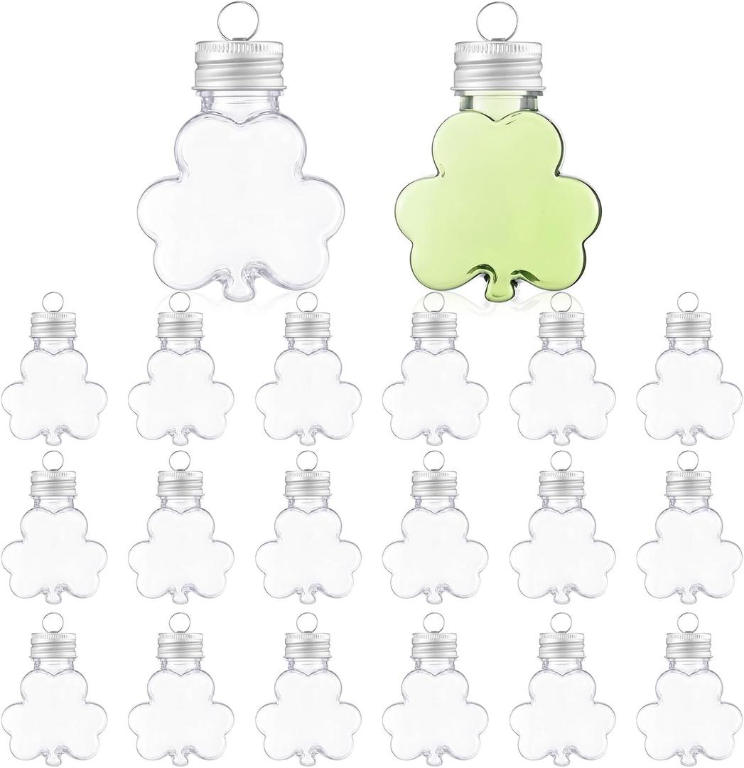 20 Pcs 50 ml Lucky Hanging Clover Bottles Mini Clover Shaped Beverage Bottles Paired with DIY Shamrocks Ornament for Party Favors, Drink Containers, Gift Supplies (Clear)