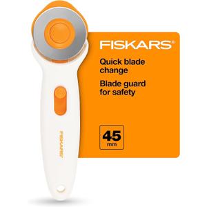 Fiskars 45mm Rotary Cutter for Fabric, Premium Steel Stick Fabric Cutter Cuts Through Multiple Layers, Right and Left Handed, Easy and Safe Blade Change, Arts and Crafts, Sewing and Quilting Tools
