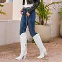 ISNOM Women's Cowgirl Boots Pull On Knee High Boots, Cowboy Western Embroidered Chunky Block Heel Pointed Toes Boots (White), US 8