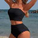 Charmo Strapless High Waisted Bikini Sets for Women Tummy Control Scallop Ribbed Bandeau Swimsuit 2026 (Black, S)