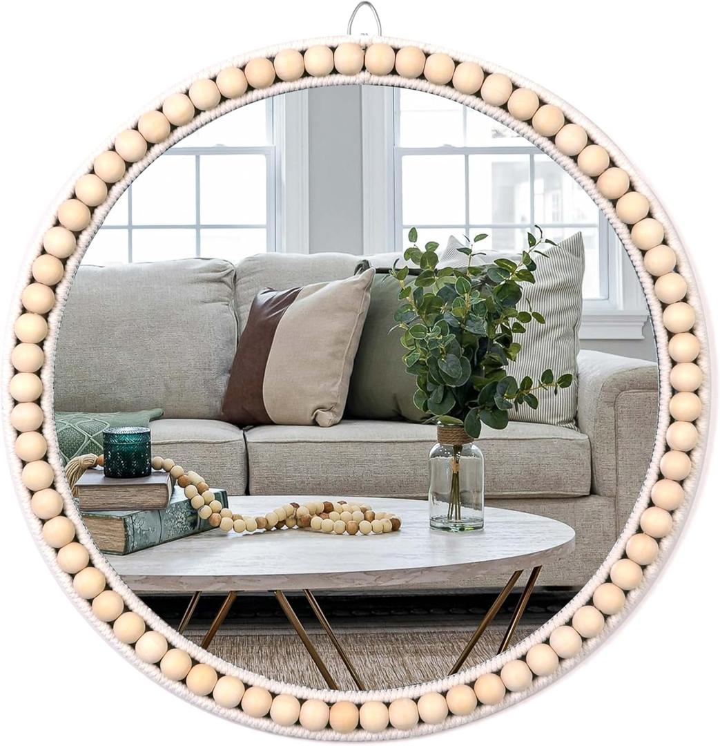 Boho Mirror Round Wall Mounted Wood Hanging Mirror, Circle Wall Decor Wooden Mirror Wall Decorative for Rustic, Farmhouse, Living Room, Bedroom, Bathroom, Nursery Room, Girls Kids Room (17 inch)
