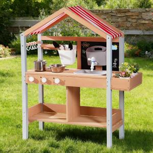 ROBOTIME Wooden Outdoor Mud Kitchen with Canopy and Sink for Kids Ages 3+, 15 inches x 6 inches x 30 inches