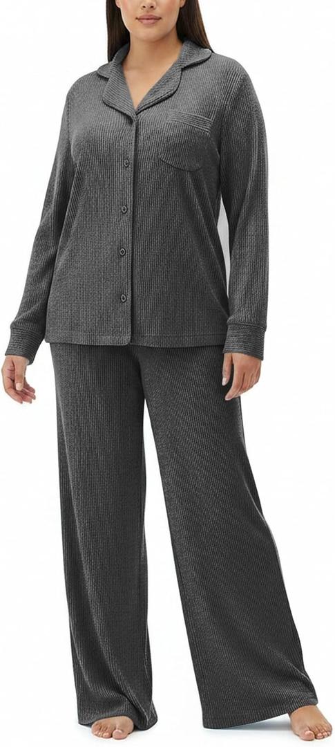 Women's Pajama Sets Long Sleeve Button Down Soft Knit Sleepwear 2 Piece Lounge Set (Gray)