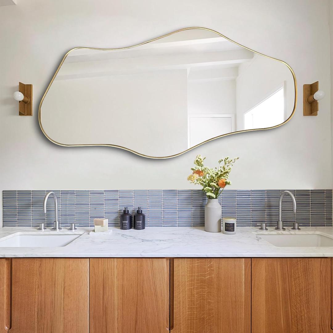 Irregular Wall Mirror, 47"x25" Asymmetrical Aesthetic Mirror with Metal Frame, Modern Organic Shaped Mirrors for Living Room Bedroom Hallway Entryway, Horizontal or Vertical Hanging