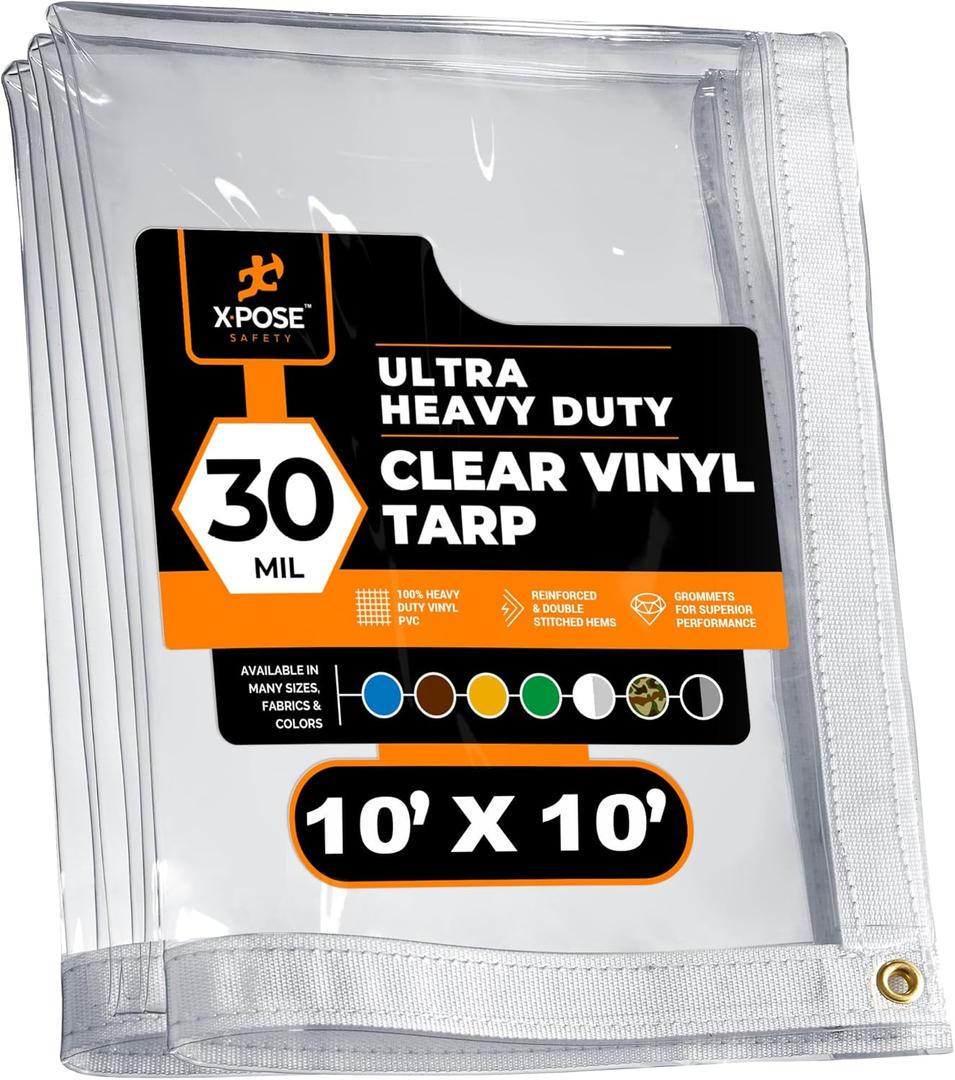 10' x 10' Clear Vinyl Tarp - 30 Mil Super Heavy Duty Transparent Waterproof PVC Tarpaulin with Brass Grommets - for Patio Enclosure, Temporary Wall, Camping, Tent Cover, Canopy - by Xpose Safety