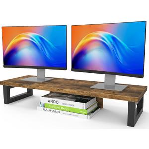 WESTREE Dual Monitor Stand Riser, Wood and Steel Monitor Stand Riser, Computer Monitor Stand for 2 Monitors, Multi-Purpose Desktop Storage Stand for Computer,Laptop,Printer,TV (Large, Brown)