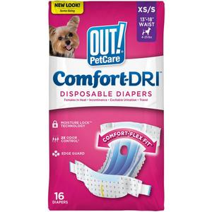 OUT! PetCare Disposable Dog Diapers Female, Potty Training, Dog Diapers, Female Doggie in Heat, Puppy Training, Incontinence, Puppy Essentials 13-18 Waist (XS/S, 16ct)