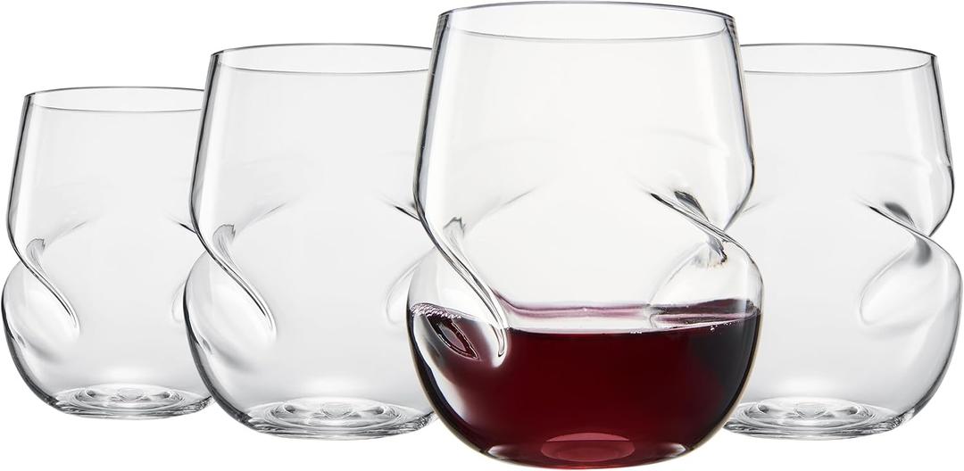 Khen UnbreakableTritan Plastic Aerating Stemless Glasses - European Glass Set with Finger Indentations - Set of 4-13 oz Clear Glass - Acrylic Reusable, BPA Free, Naturally Aerates Wines