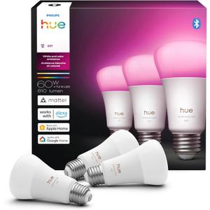 Philips Hue Smart LED A19 Bulb, White & Color Ambiance, E26 Base, 7.2W, Full Spectrum Light 1000K-20000K, 810 Lumens, Dimmable, Works with Alexa, Google,& Apple Home, 3 packs