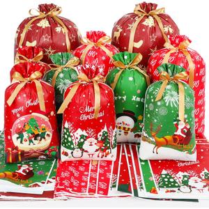 HRX Package 35pcs Christmas Gift Bags Drawstring Flat Bottom, Easy Holiday Gift Wrap Assorted Sizes for Xmas Present