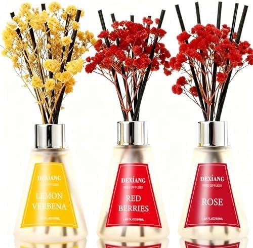 Reed Diffuser Set of 3 Packs, Lemon Verbena/Rose/red Berry, Oil Diffuser Reed Diffuser for for Home, Bathroom, Office Decor 1.7 Fl.oz, Total 5.1Oz