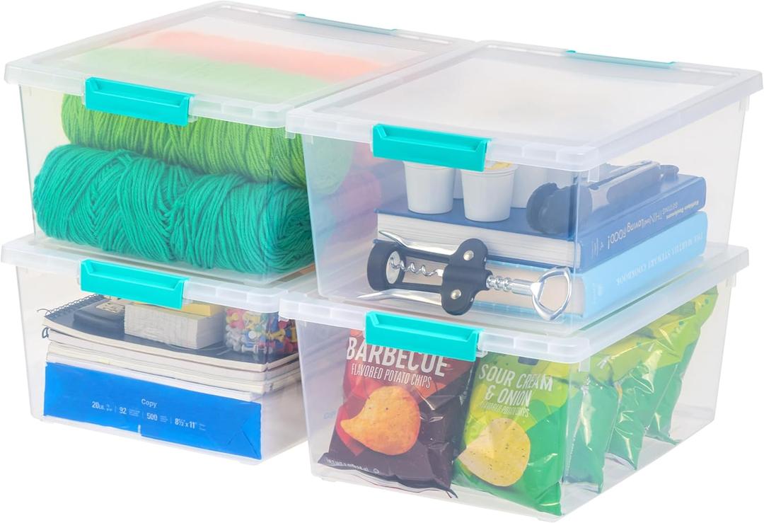 IRIS USA 12 Qt. Craft Storage Bins with Lids, 4-Pack, |Made in USA|, Clip Box, Medium Plastic Sensory Bin Tote Organizer Containers for Art Supplies, Paper, & Office, Stackable - Clear/Seafoam Blue