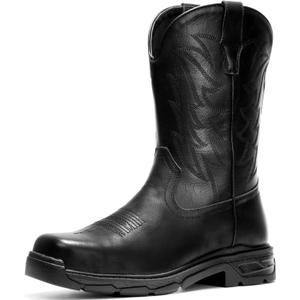 ANGRYRAM Cowboy Work Boots for Men Waterproof Square Toe Leather Western Boots Puncture Resistant Indestructable Steel Toe Safety Boots for Men (11, Black)