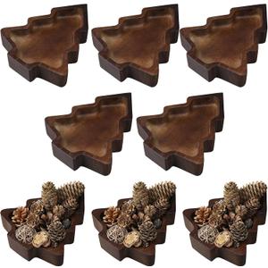 Jingmore 8 Pcs Christmas Wooden Bowl Christmas Tree Tray Dough Charcuterie Board Rustic Xmas Sushi Plate Hand Carved Wood Bowl Paulownia Bowls for DIY Decoration Dining Home