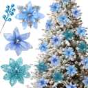 Floweroyal 30pcs Poinsettia Artificial Christmas Flowers Decorations with Clips and Berry Stems Glitter Ornaments for Christmas Tree Wreath Fireplace Stairs Decor (Blue-3 Styles)
