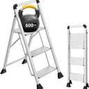 3 Step Aluminum Ladder with Wide Pedal and Handgrip, 600 lbs Capacity Heavy Duty Step Stool, Lightweight Aluminum Step Ladder, Foldable Ladder with Large Non-Slip Feet for Home, Kitchen & Garage