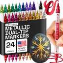 ARTISTRO 24 Metallic Dual-Tip Acrylic Paint Markers - Brush + Fine Tip Combo - Multi-Surface Shiny Paint Pens