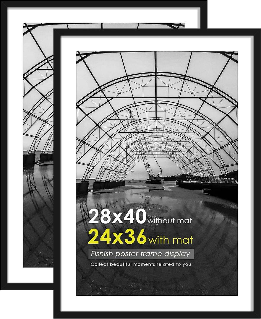 28x40 Picture Frame Black 2 Pack, Display Pictures 24x36 with Mat or 28 x 40 Without Mat, Classic Poster Frame for Horizontal or Vertical Wall Mountin