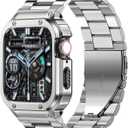 MioHHR Stainless Steel Band and Case Compatible with Apple Watch Band 44mm 42mm (Not Series 10), Men Metal Protective Bumper Cover for iWatch Series SE/6/5/4/3/2/1, Silver (42mm(Series 3/2/1),44mm(SE/6/5/4))