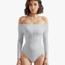 SUUKSESS Women Off the Shoulder Long Sleeve Bodysuit Double Lined Thong Bodysuit.L