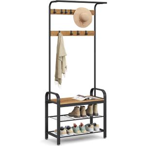 VASAGLE Coat Rack, Hall Tree with Shoe Bench for Entryway, Entryway Bench with Coat Rack, 4-in-1, with 9 Removable Hooks, a Hanging Rod, 13.3 x 28.3 x 72.1 Inches, Rustic Walnut and Black UHSR040B41