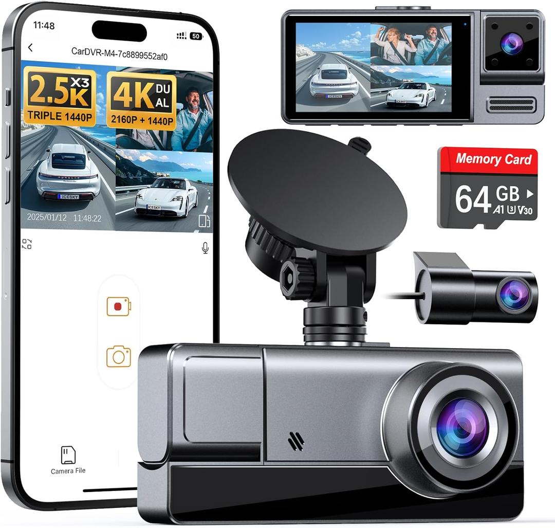 Icesky 2.5K+2.5K+2.5K Three Channel Dash Cam Front and Rear Inside with WiFi 6, 4K+2.5K Dual Dash Camera for Cars Front Rear/Front Inside, Car Dashcams with 64GB Card, 24H Parking Mode, App Control