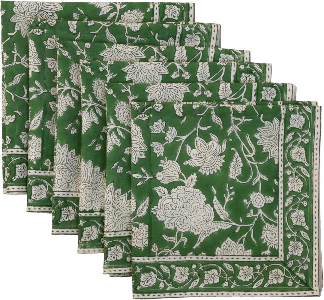 Handblock Print Patterned Cotton Cloth Napkins Set of 6, Washable, Reusable Napkins for Cocktail Parties, Home, Restaurant, Hotel, Event & Everyday Lunch, Dinner, 18" x 18" (Dark Forest Green)