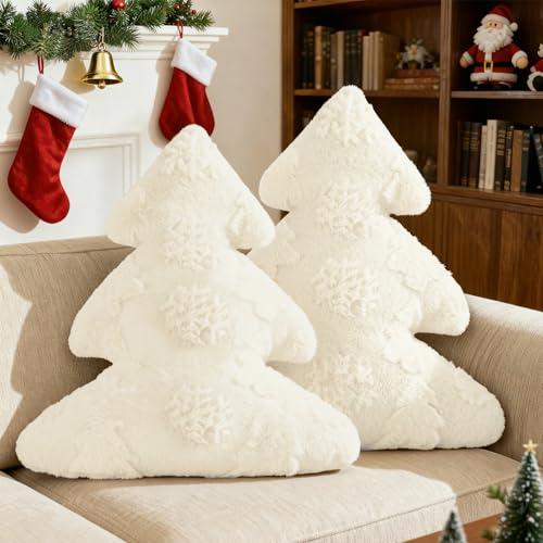 Lanpn Christmas Tree Pillows Set of 2, Snowflake & Tree Christmas Decoration Winter Soft Cute 3D Shaped Xmas Tree Throw Cushion for Sofa Bedroom Xmas Decor (18x16 Inch, Cream White)