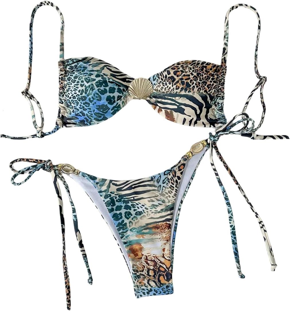 Verdusa Women's 2 Piece Leopard String Bikini Set Cheeky Swimsuits Hawaiian Outfits (Medium, Multicolor)