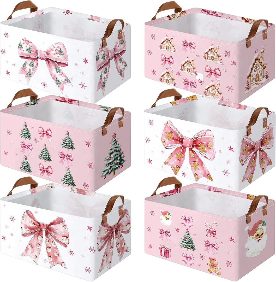 Boao 6 Pack Pink Bow Storage Baskets for Gifts Empty Pastel Collapsible Large Winter Christmas Storage Bins Canvas Laundry Basket Foldable Box with Handle for Office Home Bedroom Clothes