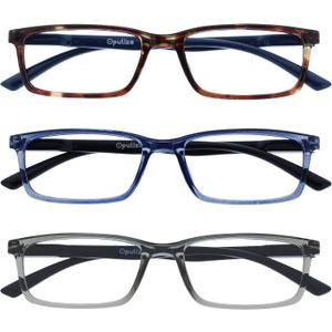 OPULIZE SEE Reading Glasses with Blue Light Blocking for Women and Men, Narrow Frame, Spring Hinges, Computer Gaming Glasses, Brown,Blue,Grey +2 (Pack of 3)