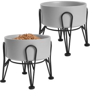 Elevated Dog Bowls, Ceramic Raised Dog Bowl Set with Anti-Slip and Non-Tip Metal Stand, 2 Pack Pet Food and Water Feeding Bowls for Small and Medium Dogs (Gray,3.6 Cups)