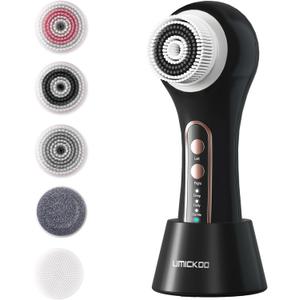 UMICKOO Electric Facial Cleansing Brush, 2-Way Rotating Face Scrubber for Daily & Deep Cleaning, 3 Modes, 5 Brush Heads, Rechargeable, IPX7 Waterproof for All Skin Types (Black Color)