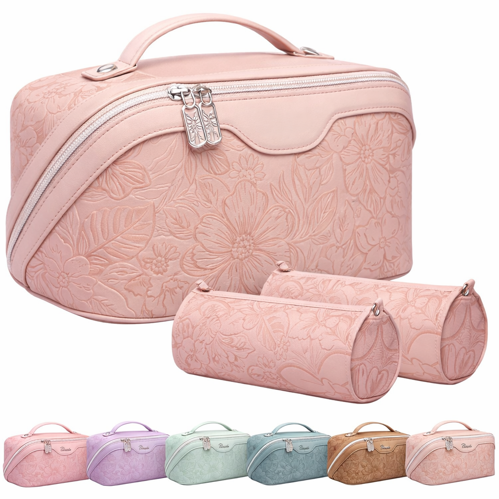 BOYATU Travel Makeup Bags Cosmetic Organizer Bag: 3-Set Large Capacity Make up Bag - PU Leather Toiletry Bags for Women - Wide Open Portable Pouch with Divider & Handle (Pink)