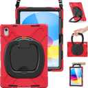 BRAECN Kids Case for iPad (A16) 11th/10th Generation 11/10.9'' 2025/2022, Heavy Duty Rugged Silicone Cover w/Swivel Ring Stand/Stable Kickstand/Shoulder Strap/Pencil Holder/Screen Protector, Red