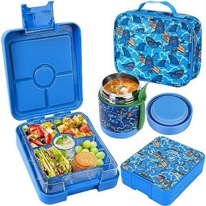Pawtong Bento Lunch Box Set With 10oz Soup Thermo, Leak-proof Lunch Containers with 4 Compartment, Kids Hot Thermo Food Jar/Insulation Lunch Bag, Food Containers for School（Shark）