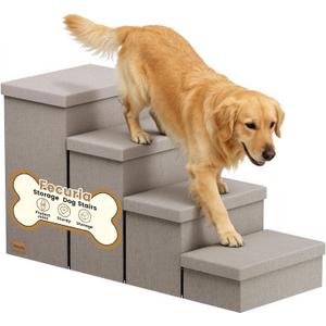 4-Step Wide Dog Stairs with Storage 23" H, Non-Slip Sturdy Pet Steps for High Bed Couch Window, Pet Stairs for Small/Medium/Large Old Dogs Cats Up to 220lbs, Cat Dog Steps for Car/SUV, Grey