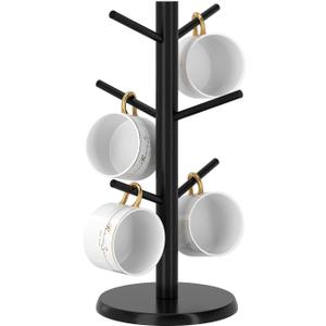Coffee Mug Holder with 6 Hooks, Bamboo Mug Tree Stand for Countertop, Black | Non-Slip Coffee Cup Holder, Stable Wooden Base, Mug Rack for Kitchen Coffee Bar Cabinet Decor, Space-Saving, Easy to Assemble