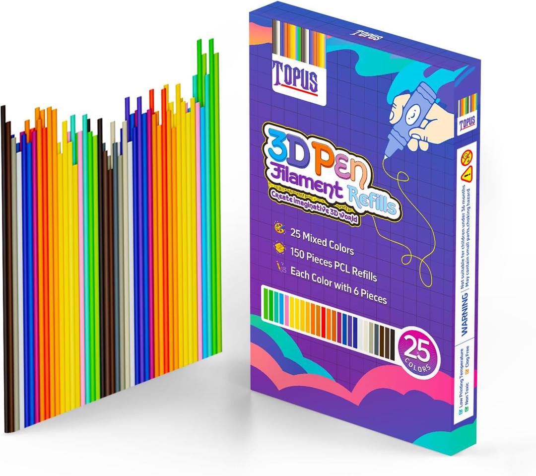 Topus 150Pcs 3D Pen Filament Refills Compatible with 3Doodler Start+ Pen, 25 Colors 3D Filament Bundle, 3D Pen Refill Sticks with 15cm x 6Pcs Per Color, Low Print Temperature PCL Filament 2.5mm Thick