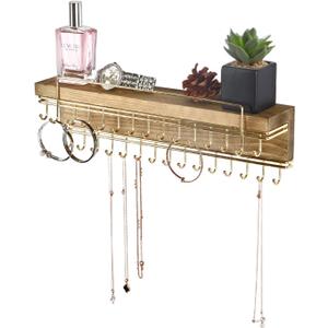 J JACKCUBE DESIGN Rustic Wood Wall Mounted Jewelry Organizer with 30 Gold Metal Hooks Display Shelf Storage for Necklaces, Bracelets, Earrings, Bows and more - MK626A