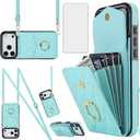 Asuwish Phone Case for iPhone 17 Pro 6.3 inch Wallet Cell Cover with Tempered Glass Screen Protector Crossbody Wrist Strap Ring Stand RFID Blocking Card Holder i Phone17 i17 17Pro Women Men Girls Teal