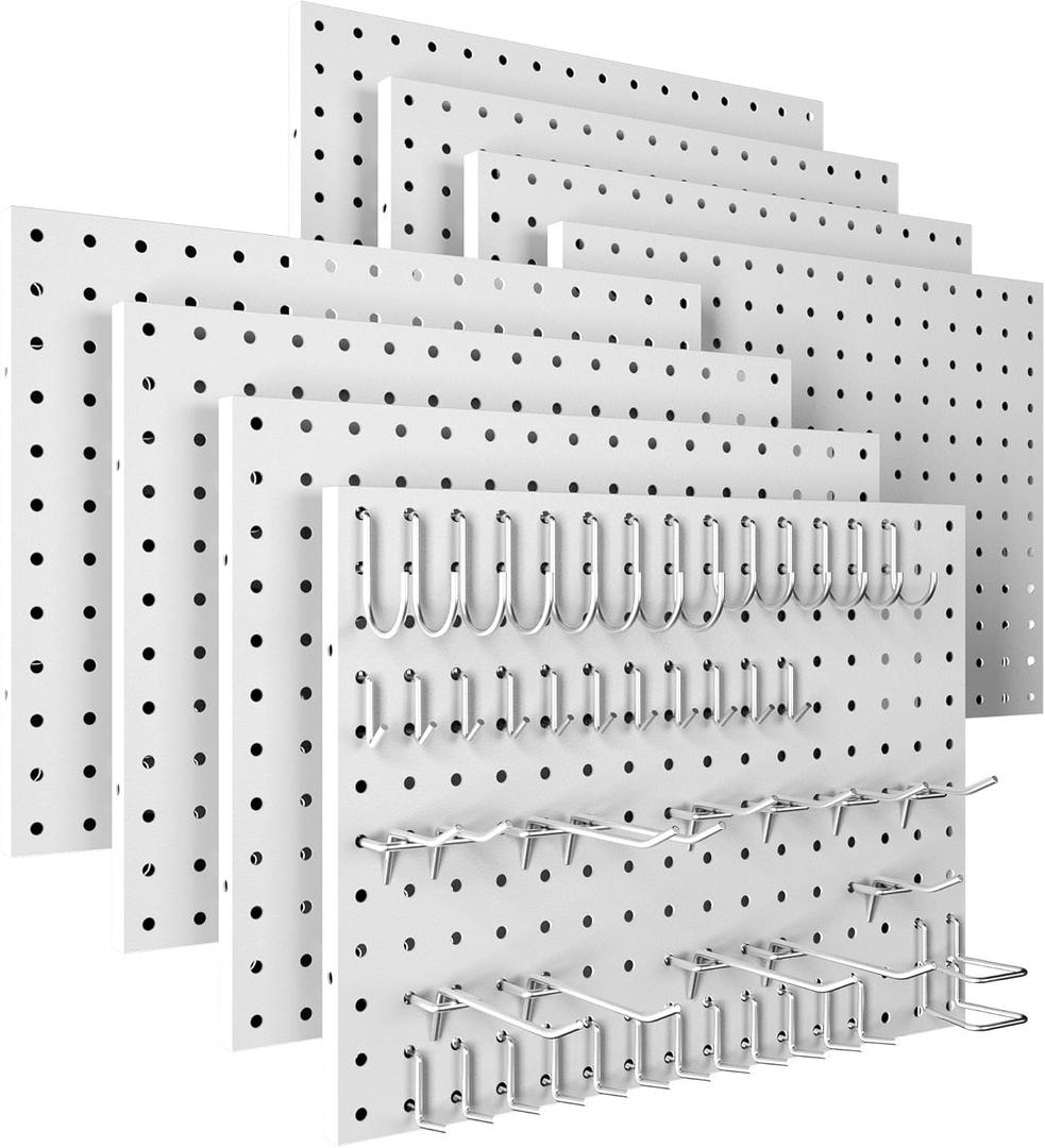 Spampur Peg Board, 8 Pack Metal Pegboard Panels with 50 Hooks, White Pegboards Wall Organizer, Peg Board for Walls Home, Garage Tool Storage, Office Organization, Craft Room,Christmas Gifts (16x12"- 8 Pcs)