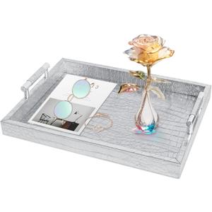 SXNOWS Faux Leather Rectangle Serving Tray with Handles, Large Decorative Tray for Ottoman Coffee Table Decor Living Room, Kitchen, Bathroom, 16x12inches (Silver)