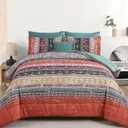 Cottolester Boho Full Comforter Set 8 Pieces,Orange and Green Bohemian Striped Bed in a Bag, Paisley Soft Microfiber Bedding Comforter Set