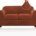 PrinceDeco Velvet Couch Cover Loveseat Covers for 2 Cushion Couch 3 Piece Sofa Covers for Dogs Washable Loveseat Covers Width Up to 72 Inch No Slip Stretch Sofa Slipcover(Medium, Rust)