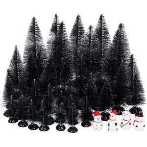 Yookat 40 Pieces Mini Christmas Trees Bottle Brush Trees Sisal Trees Mini Pine Trees with Wooden Base Bottle Brush Christmas Trees and Christmas Figures Decoration for Christmas Decoration (Black)