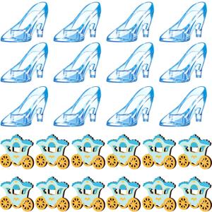Yuntau 24 Pcs Blue Princess Party Decoration Mini Plastic Glass Slipper Princess Carriage Centerpiece 3.8 Inch Glass Heel for Baby Shower Wedding Birthday Party Supplies Table Decor