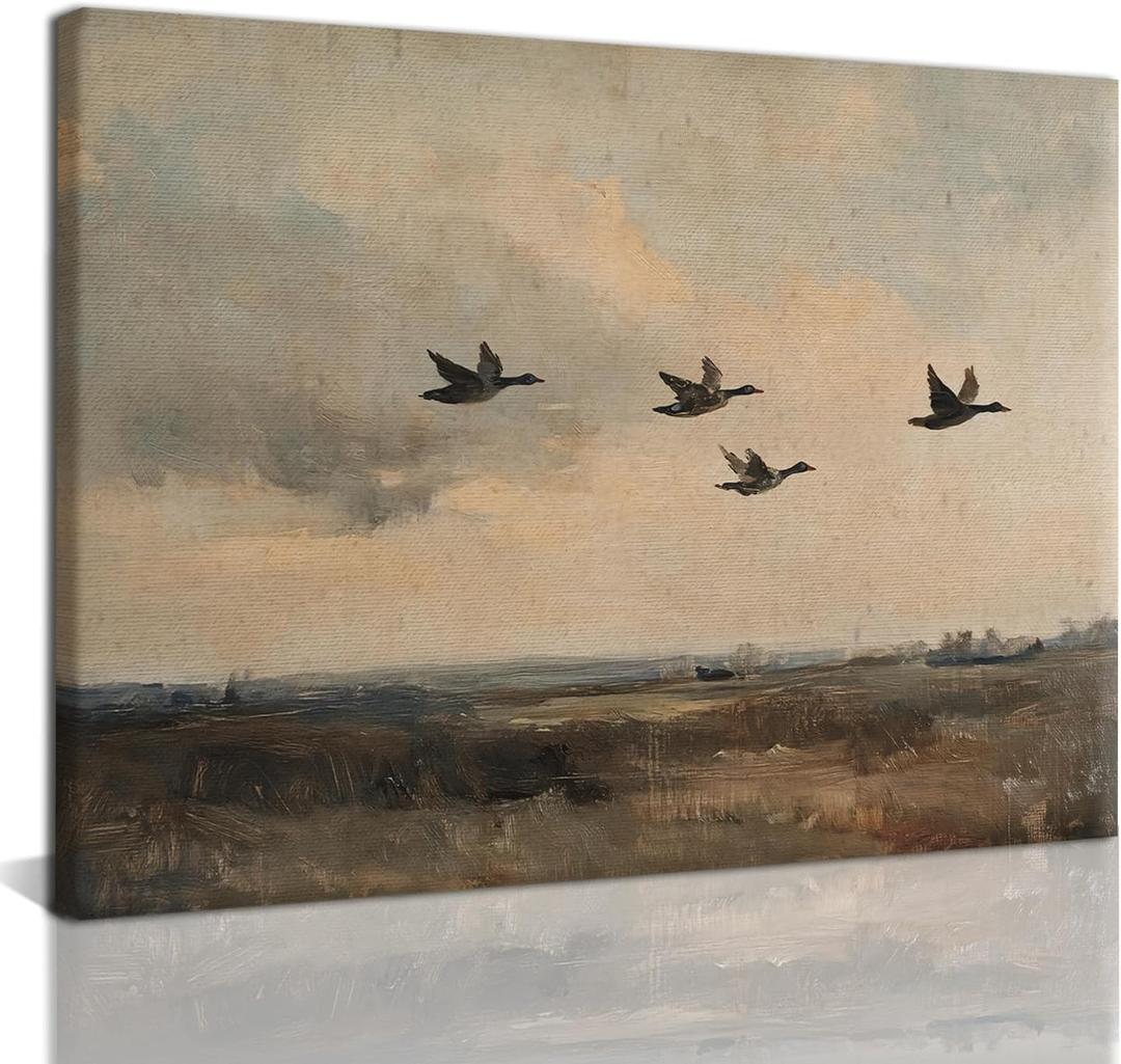 Vintage Flying Duck Canvas Wall Art Rustic Country Scenery Wall Decor Retro Mallard Duck Pictures Paintings Nature Wilderness Wildlife Posters Prints Living Room Bedroom Farmhouse Decor 16x24 Inch